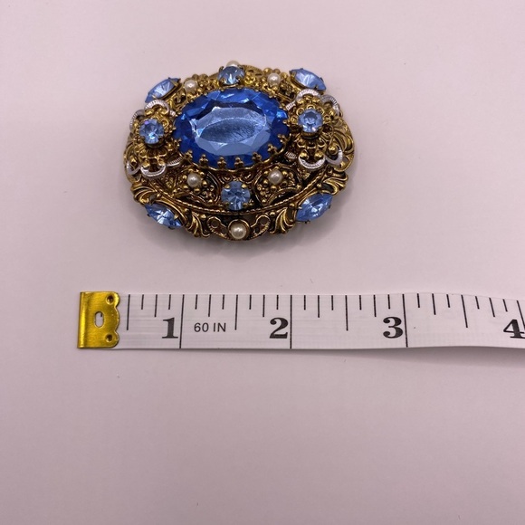 Western Germany Signed Blue Rhinestone Pearl Enamel Brooch Vintage - Picture 6 of 6